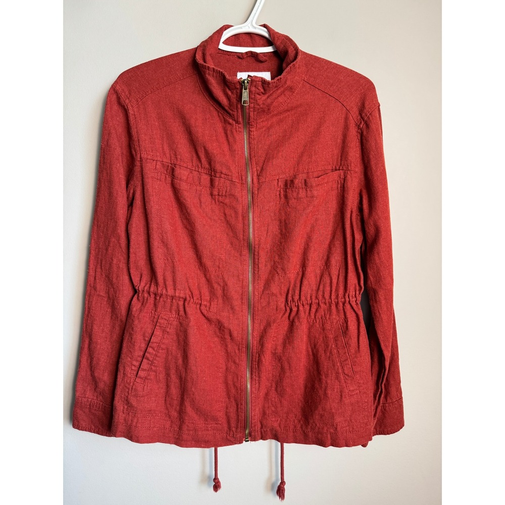 Old Navy Linen Blend Utility Jacket S Red Full Zip Drawstring Waist Boho Coastal